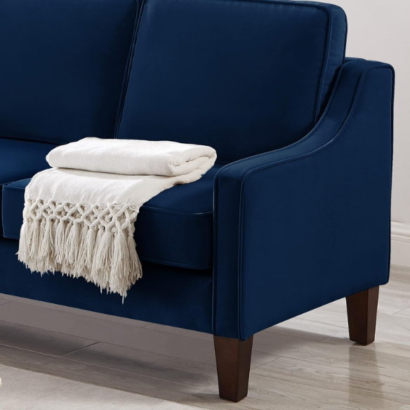Elegant navy blue velvet 3-seater sofa with plush cushions, modern design, and wood frame – perfect for living rooms or formal lounges.