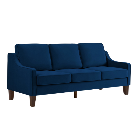 Elegant navy blue velvet 3-seater sofa with plush cushions, modern design, and wood frame – perfect for living rooms or formal lounges.