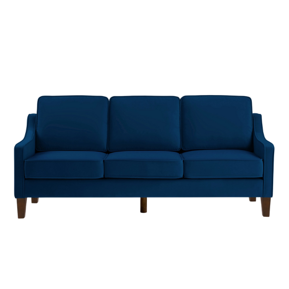 Elegant navy blue velvet 3-seater sofa with plush cushions, modern design, and wood frame – perfect for living rooms or formal lounges.