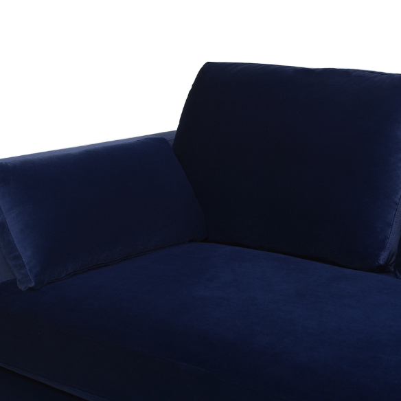 Navy blue velvet 3-seater sofa with feather-down cushions, track arms, and solid wood legs, designed for modern and transitional interiors.