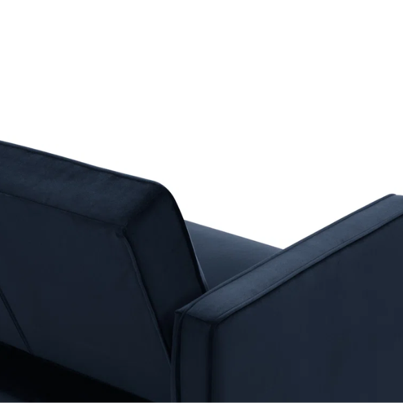 Navy blue velvet convertible sofa with vertical tufting, square arms, and brown tapered legs, designed with a split-back reclining feature and twin bed conversion.