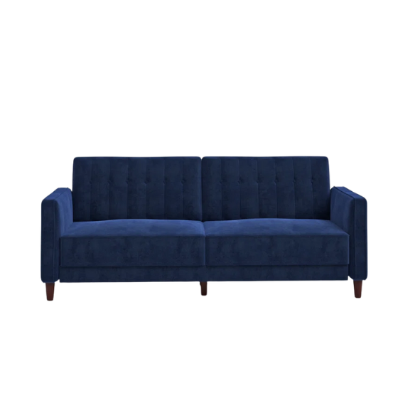 Navy blue velvet convertible sofa with vertical tufting, square arms, and brown tapered legs, designed with a split-back reclining feature and twin bed conversion.