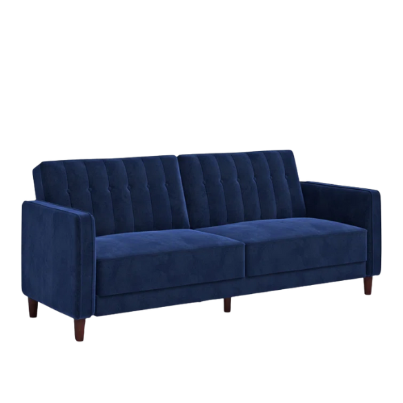 Navy blue velvet convertible sofa with vertical tufting, square arms, and brown tapered legs, designed with a split-back reclining feature and twin bed conversion.