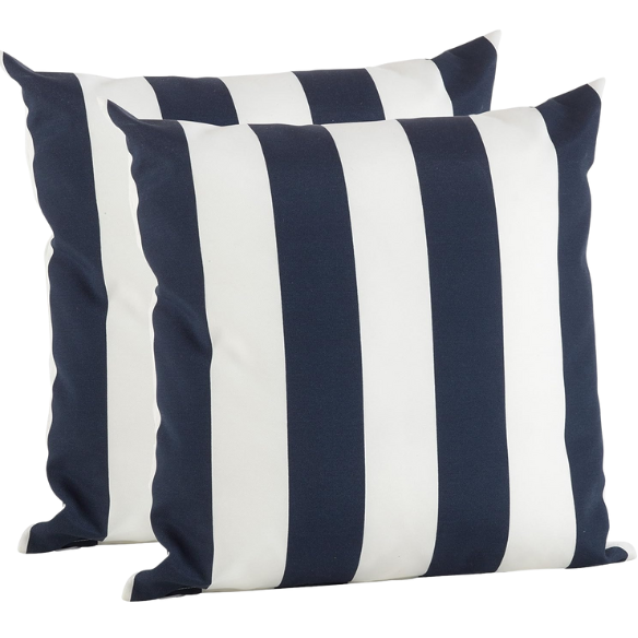 Navy blue and white striped accent pillow – reversible, weather-resistant, and overstuffed with polyester fill; perfect for indoor and outdoor use on patios, porches, or sofas.