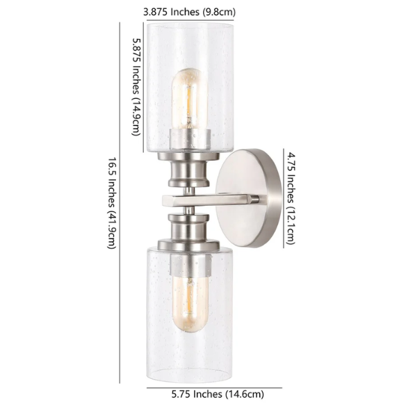 Brushed nickel wall sconce with two clear seeded glass cylinder shades and Edison-style LED bulbs, perfect for bathrooms or hallway accent lighting