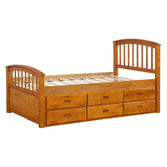 Oak twin bed frame made of solid pine wood with underbed storage drawers, eco-friendly finish, and slatted base, ideal for children or teens in a rustic or modern bedroom.