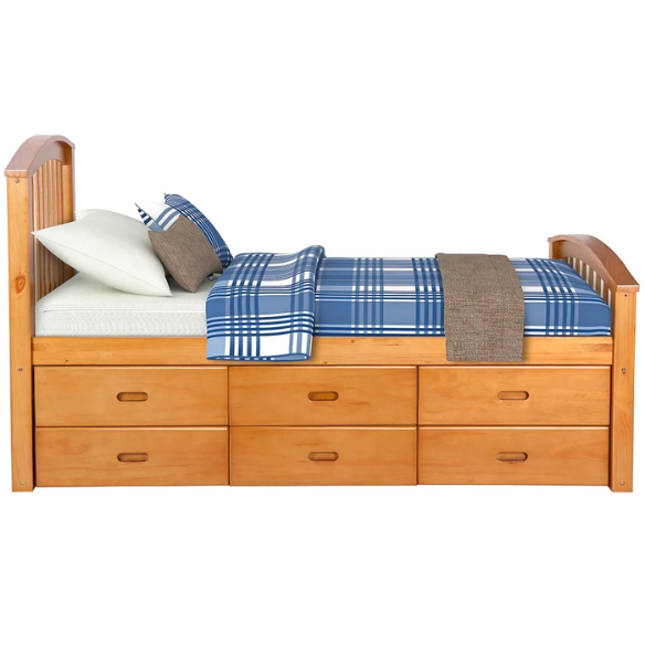 Oak twin bed frame made of solid pine wood with underbed storage drawers, eco-friendly finish, and slatted base, ideal for children or teens in a rustic or modern bedroom.