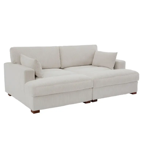 Off-white corduroy convertible sleeper sofa with adjustable headrest, twin bed functionality, and mid-century wooden legs
