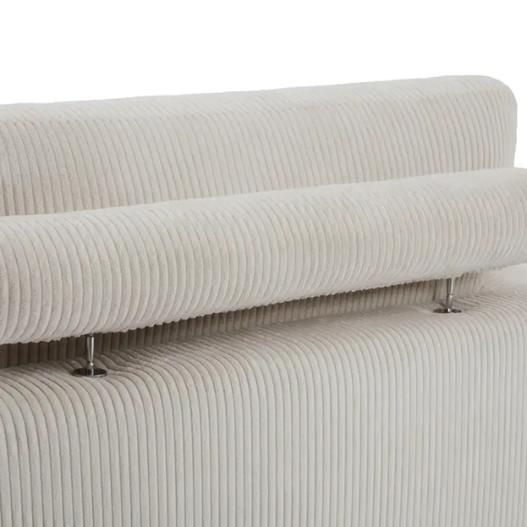 Off-white corduroy convertible sleeper sofa with adjustable headrest, twin bed functionality, and mid-century wooden legs