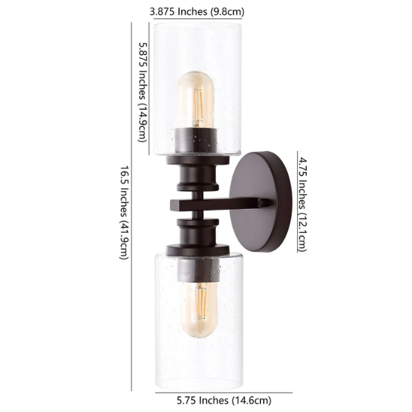 Oil-rubbed bronze wall sconce with dual clear seeded glass cylinder shades and Edison-style LED bulbs, perfect for rustic, farmhouse, or traditional interiors