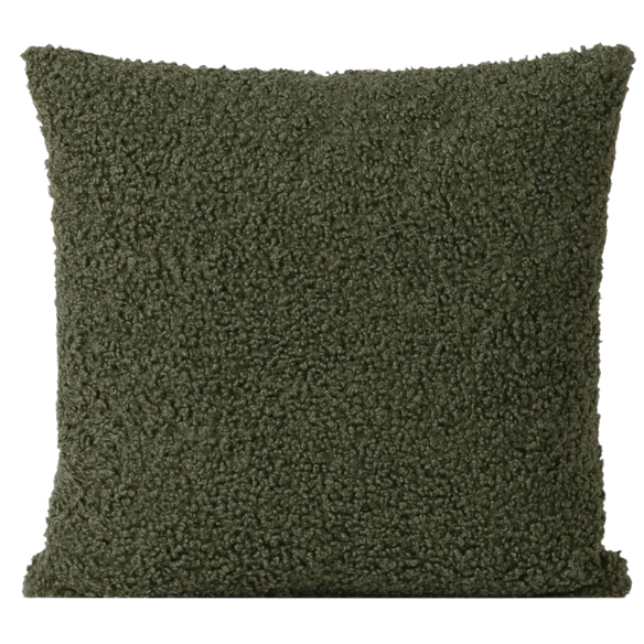 Olive drab bouclé throw pillow with textured loop fabric, square accent pillow on neutral sofa