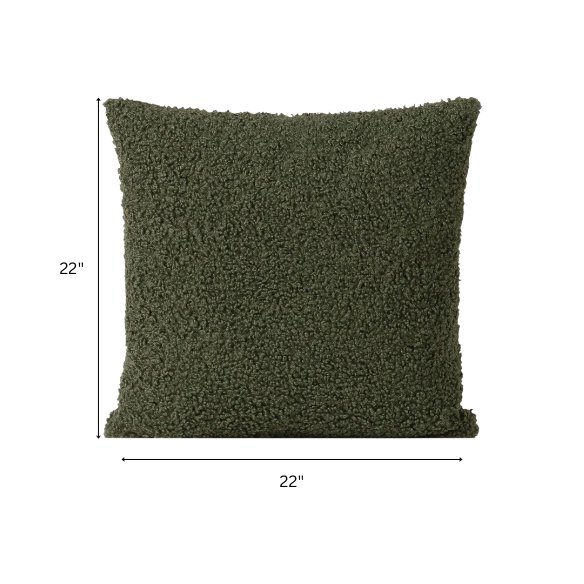 Olive drab bouclé throw pillow with textured loop fabric, square accent pillow on neutral sofa