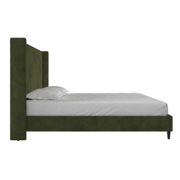 Olive drab upholstered king platform bed with tall wingback headboard and soft woven fabric, no box spring required