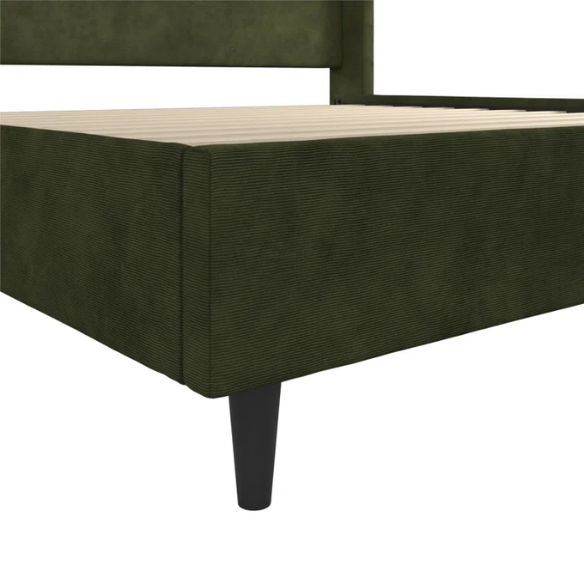Olive drab upholstered king platform bed with tall wingback headboard and soft woven fabric, no box spring required