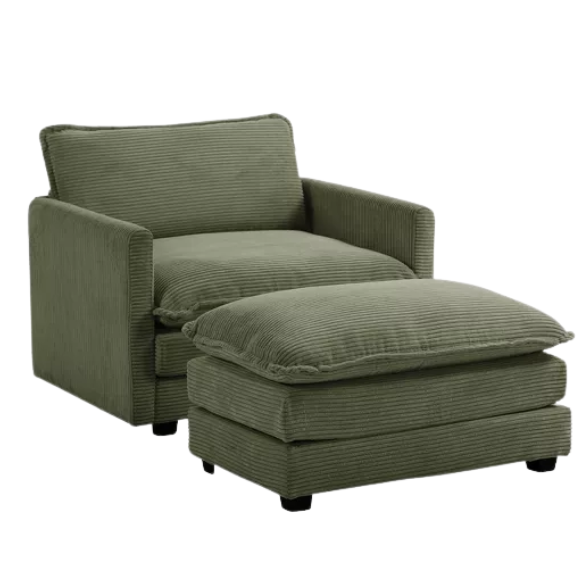 Olive green corduroy accent chair with matching ottoman, featuring plush high-pile fabric, supportive foam cushions, and a durable wood and metal frame.