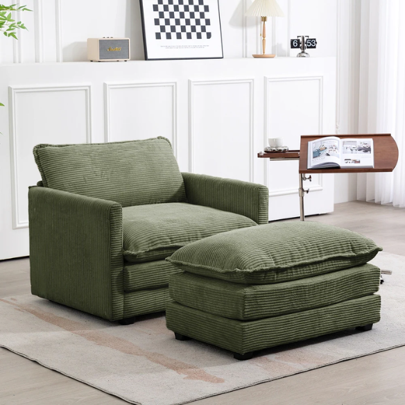 Olive green corduroy accent chair with matching ottoman, featuring plush high-pile fabric, supportive foam cushions, and a durable wood and metal frame.