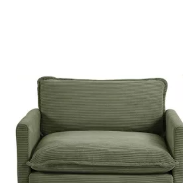 Olive green corduroy accent chair with matching ottoman, featuring plush high-pile fabric, supportive foam cushions, and a durable wood and metal frame.