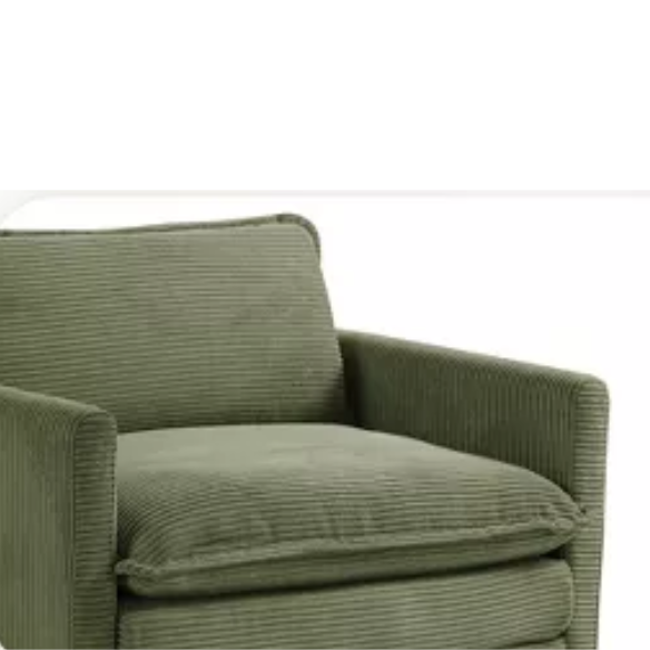 Olive green corduroy accent chair with matching ottoman, featuring plush high-pile fabric, supportive foam cushions, and a durable wood and metal frame.