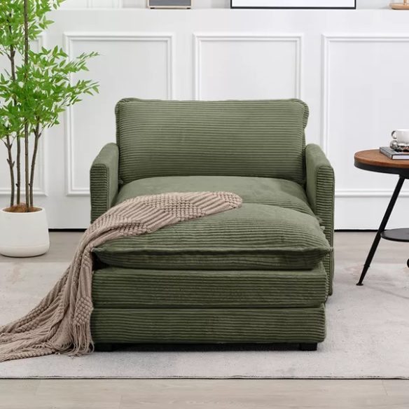 Olive green corduroy accent chair with matching ottoman, featuring plush high-pile fabric, supportive foam cushions, and a durable wood and metal frame.