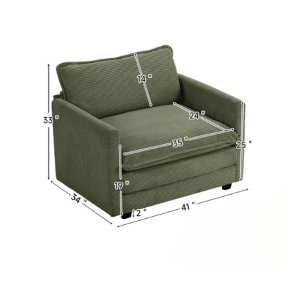Olive green corduroy accent chair with matching ottoman, featuring plush high-pile fabric, supportive foam cushions, and a durable wood and metal frame.