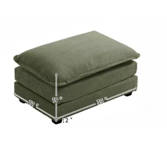 Olive green corduroy accent chair with matching ottoman, featuring plush high-pile fabric, supportive foam cushions, and a durable wood and metal frame.