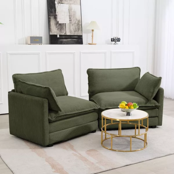 Olive green corduroy loveseat sofa with plush upholstery and modern design, comfortably seating two—perfect for small living spaces, bedrooms, or home offices.