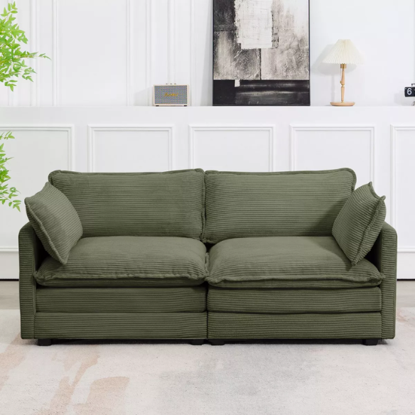 Olive green corduroy loveseat sofa with plush upholstery and modern design, comfortably seating two—perfect for small living spaces, bedrooms, or home offices.