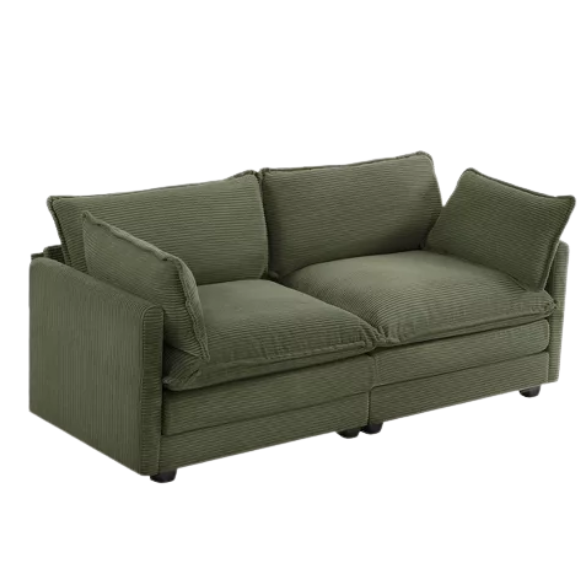 Olive green corduroy loveseat sofa with plush upholstery and modern design, comfortably seating two—perfect for small living spaces, bedrooms, or home offices.