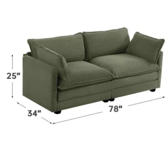 Olive green corduroy loveseat sofa with plush upholstery and modern design, comfortably seating two—perfect for small living spaces, bedrooms, or home offices.