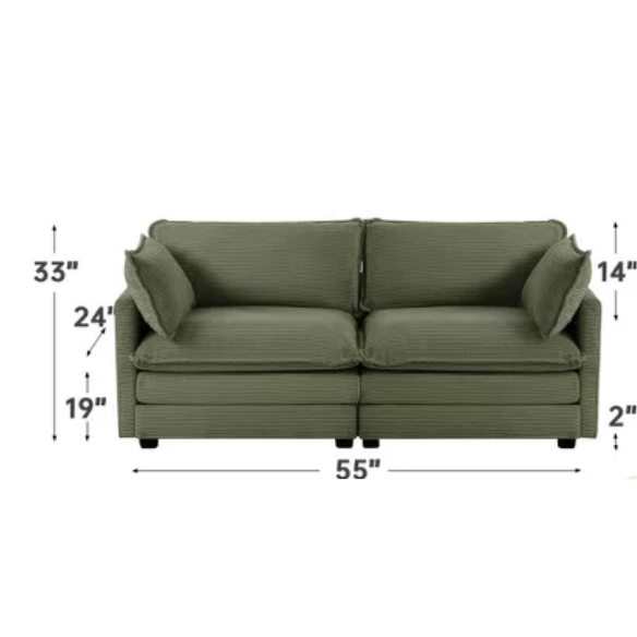 Olive green corduroy loveseat sofa with plush upholstery and modern design, comfortably seating two—perfect for small living spaces, bedrooms, or home offices.