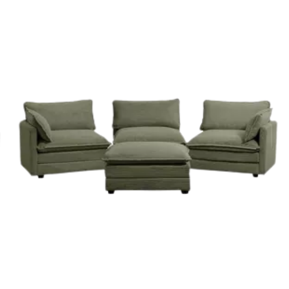 Three-Seater Olive Green Corduroy Modular Sectional Sofa with Ottoman – Plush high-pile fleece upholstery, pet-friendly design, movable ottoman, and customizable layout for modern living spaces.