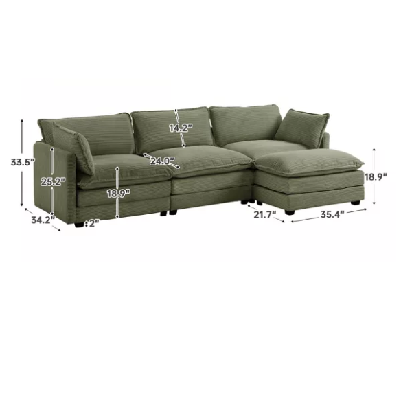 Three-Seater Olive Green Corduroy Modular Sectional Sofa with Ottoman – Plush high-pile fleece upholstery, pet-friendly design, movable ottoman, and customizable layout for modern living spaces.