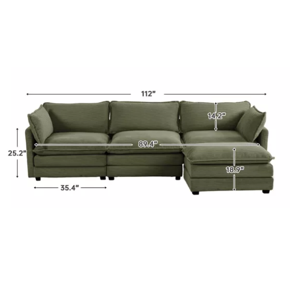 Three-Seater Olive Green Corduroy Modular Sectional Sofa with Ottoman – Plush high-pile fleece upholstery, pet-friendly design, movable ottoman, and customizable layout for modern living spaces.