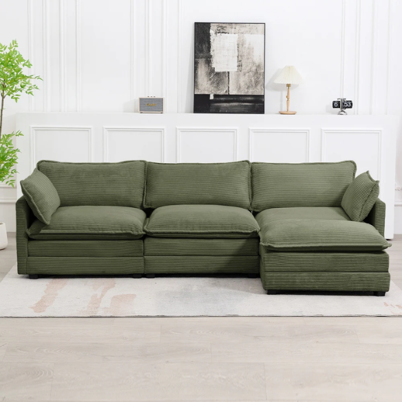 Three-Seater Olive Green Corduroy Modular Sectional Sofa with Ottoman – Plush high-pile fleece upholstery, pet-friendly design, movable ottoman, and customizable layout for modern living spaces.