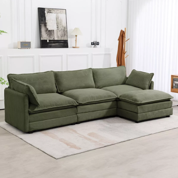 Three-Seater Olive Green Corduroy Modular Sectional Sofa with Ottoman – Plush high-pile fleece upholstery, pet-friendly design, movable ottoman, and customizable layout for modern living spaces.