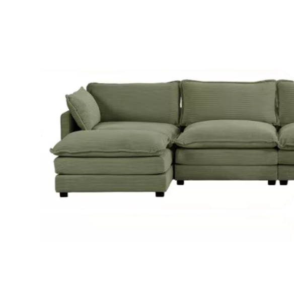 Three-Seater Olive Green Corduroy Modular Sectional Sofa with Ottoman – Plush high-pile fleece upholstery, pet-friendly design, movable ottoman, and customizable layout for modern living spaces.