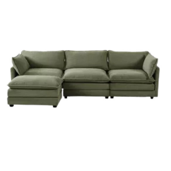 Three-Seater Olive Green Corduroy Modular Sectional Sofa with Ottoman – Plush high-pile fleece upholstery, pet-friendly design, movable ottoman, and customizable layout for modern living spaces.