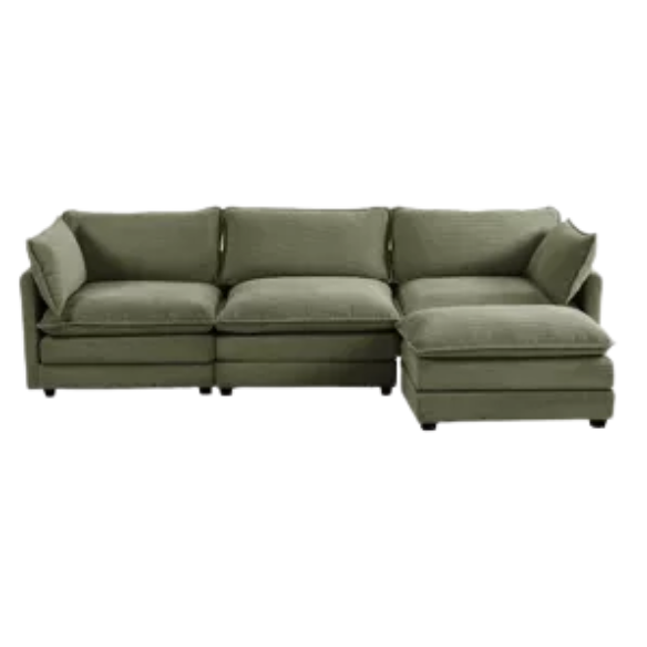 Three-Seater Olive Green Corduroy Modular Sectional Sofa with Ottoman – Plush high-pile fleece upholstery, pet-friendly design, movable ottoman, and customizable layout for modern living spaces.