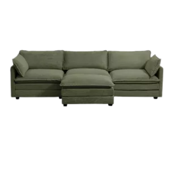 Three-Seater Olive Green Corduroy Modular Sectional Sofa with Ottoman – Plush high-pile fleece upholstery, pet-friendly design, movable ottoman, and customizable layout for modern living spaces.