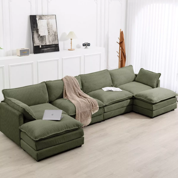 Olive green 4-seat modular sectional sofa with two matching ottomans, upholstered in soft corduroy fabric with high-resilience cushions and a sturdy wood and metal frame.
