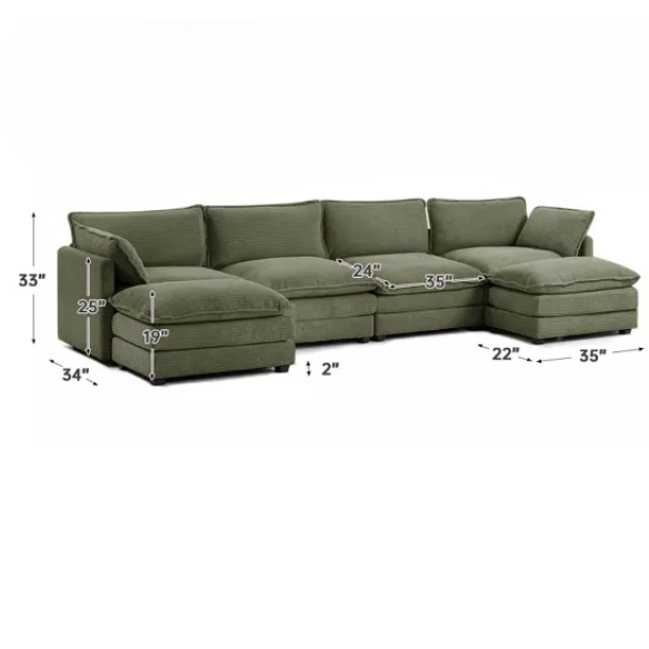 Olive green 4-seat modular sectional sofa with two matching ottomans, upholstered in soft corduroy fabric with high-resilience cushions and a sturdy wood and metal frame.