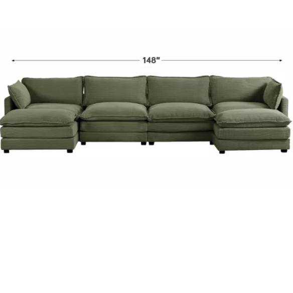 Olive green 4-seat modular sectional sofa with two matching ottomans, upholstered in soft corduroy fabric with high-resilience cushions and a sturdy wood and metal frame.