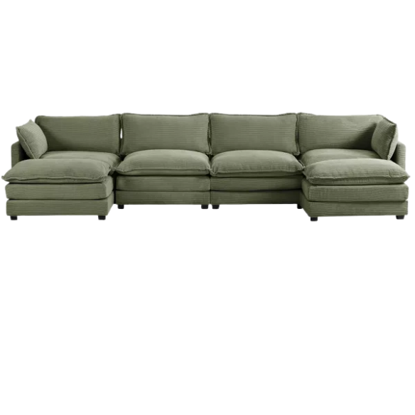 Olive green 4-seat modular sectional sofa with two matching ottomans, upholstered in soft corduroy fabric with high-resilience cushions and a sturdy wood and metal frame.