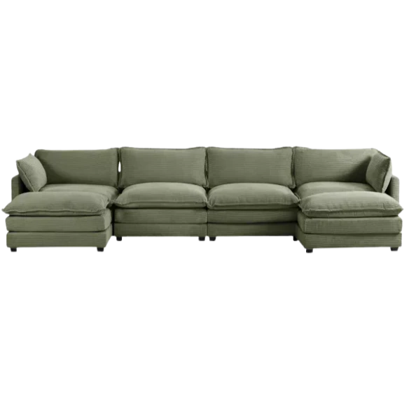 Olive green 4-seat modular sectional sofa with two matching ottomans, upholstered in soft corduroy fabric with high-resilience cushions and a sturdy wood and metal frame.
