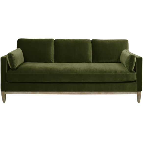Olive green velvet 3-seater sofa with track arms, feather-down cushions, and natural wood base, ideal for modern and transitional living rooms.