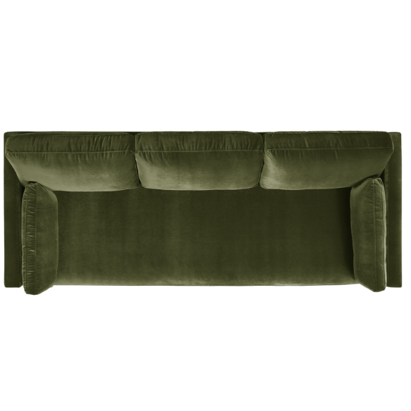 Olive green velvet 3-seater sofa with track arms, feather-down cushions, and natural wood base, ideal for modern and transitional living rooms.