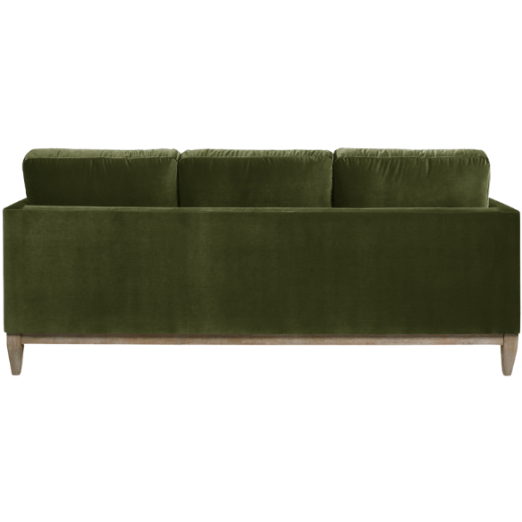 Olive green velvet 3-seater sofa with track arms, feather-down cushions, and natural wood base, ideal for modern and transitional living rooms.