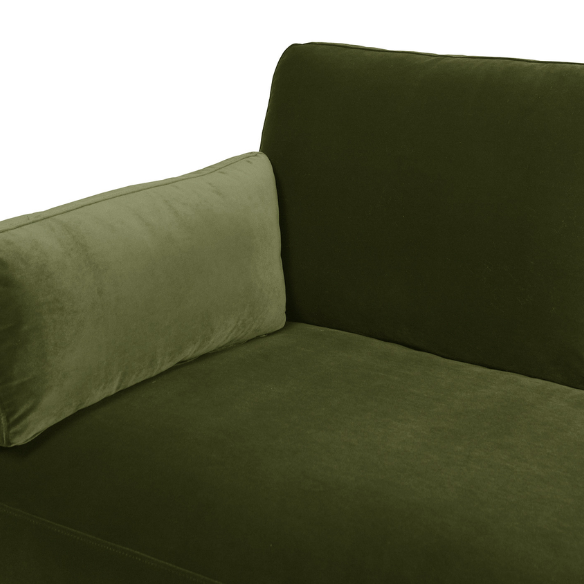 Olive green velvet 3-seater sofa with track arms, feather-down cushions, and natural wood base, ideal for modern and transitional living rooms.