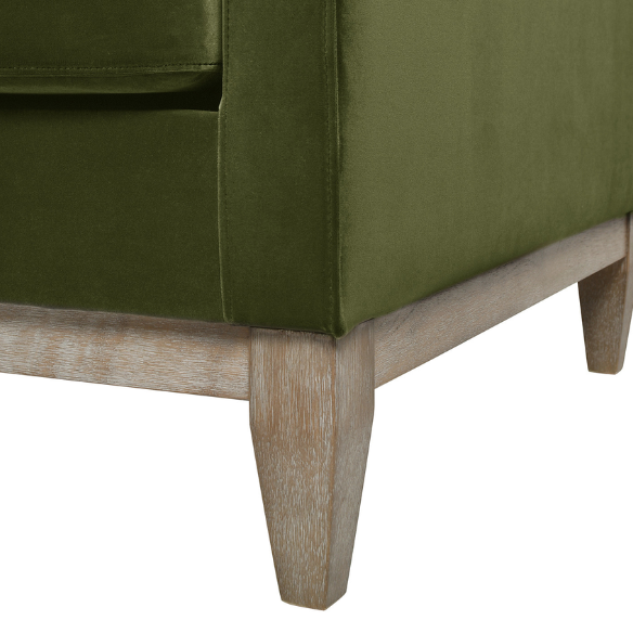 Olive green velvet 3-seater sofa with track arms, feather-down cushions, and natural wood base, ideal for modern and transitional living rooms.