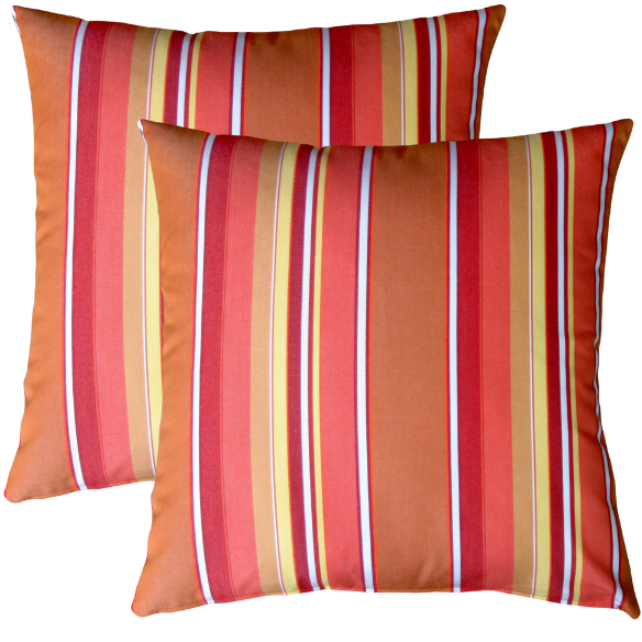 Striped accent pillow in vibrant orange, red, yellow, and white – reversible, weather-resistant, and overstuffed with polyester fill for indoor or outdoor use.